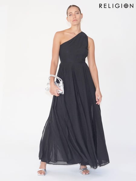 Religion Black Sheer One Shoulder Maxi Dress With Full Skirt (B16355) | € 156