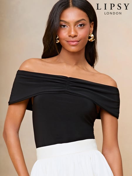 Lipsy Black Ruched Front Bardot Top (B16526) | € 16