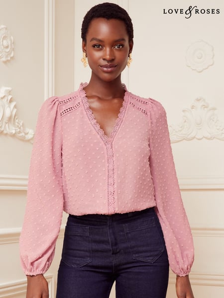 Love & Roses Pink V Neck Lace Trim Dobby Blouse (B16581) | € 27