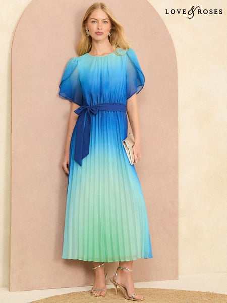 Love & Roses Blue Ombre Petal Sleeve Pleated Belted Midi Dress (B20247) | € 61