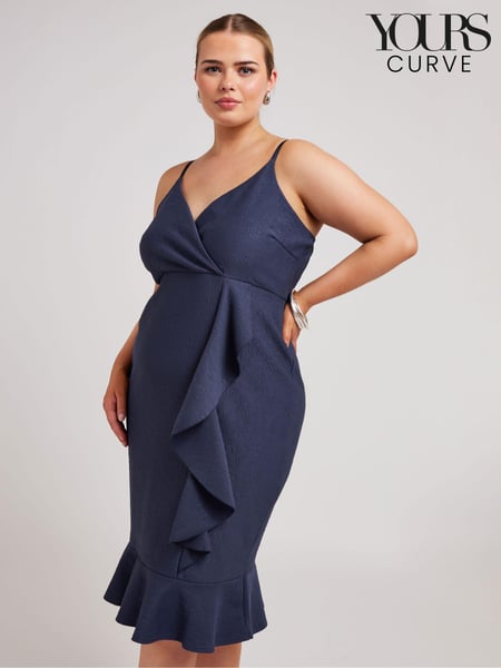 Yours Curve Navy Blue LONDON Ruffle Jacquard Dress (B20328) | € 39