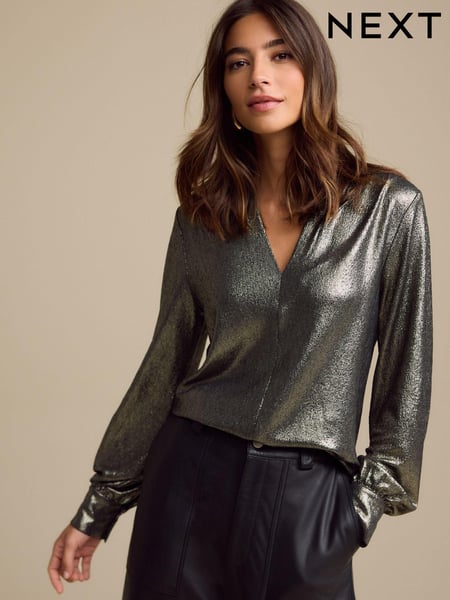 Gold Long Sleeve Shimmer V-Neck Blouse (B20459) | € 27