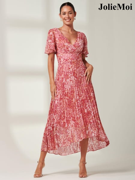 Jolie Moi Pink Floral Olenna Angel Sleeve Pleated Chiffon Maxi Dress (B20876) | € 55