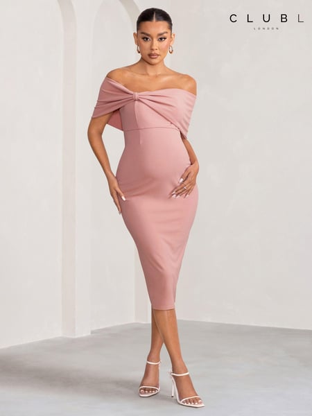 Club L London Pink Maternity Alyssa Bardot Bow Midi Dress with Ruching (B21426) | € 50