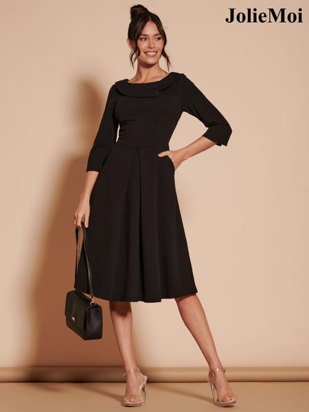 Jolie Moi Black 3/4 Sleeve Fold Neck Midi Dress (B21610) | € 122