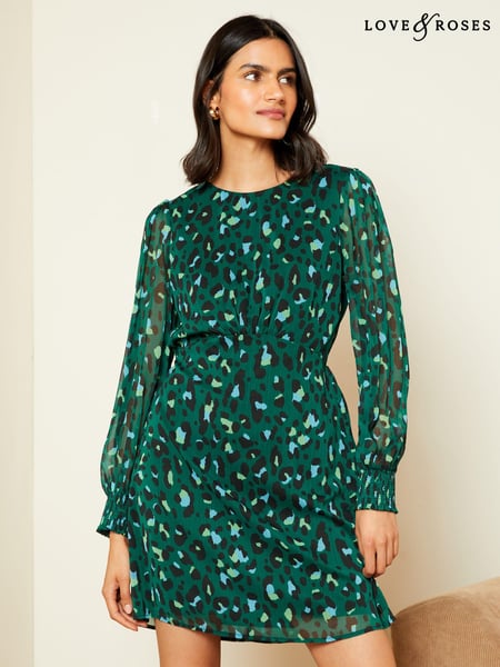 Love & Roses Green Printed Empire Long Sleeve Midi Dress (B21616) | € 17