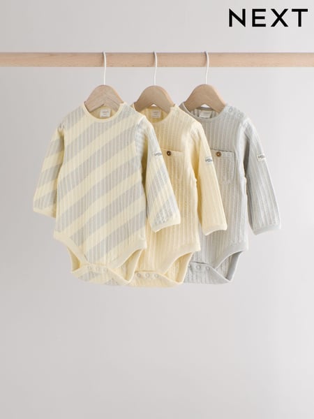 Grey/Cream Baby Long Sleeve Bodysuits 3 Pack (0mths-2yrs) (B23062) | € 26 - € 28