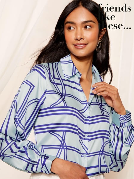 Friends Like These Blue Geo Print Satin Button Through Shirt (B23441) | € 53