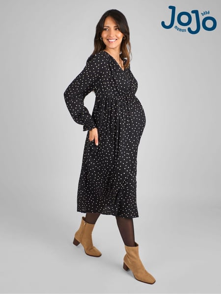 JoJo Maman Bébé Black Polka Dot V-Neck Maternity Midi Dress (B23919) | € 79