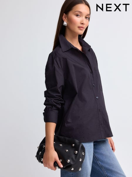 Black Gem Embellished Oversized 100% Cotton Shirt (B24066) | € 13
