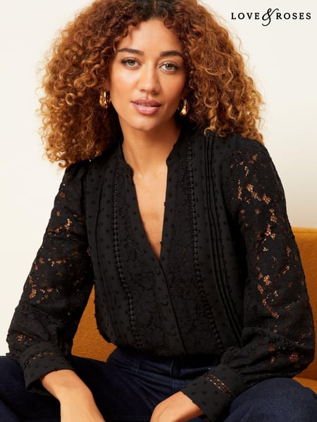 Love & Roses Black Lace Mix Button Through Long Sleeve Blouse (B24230) | € 42