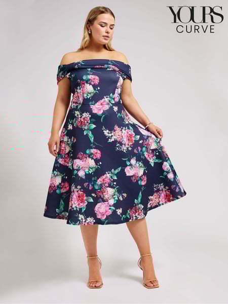 Yours Curve Navy Blue Floral Bardot Skater Dress (B24396) | € 83