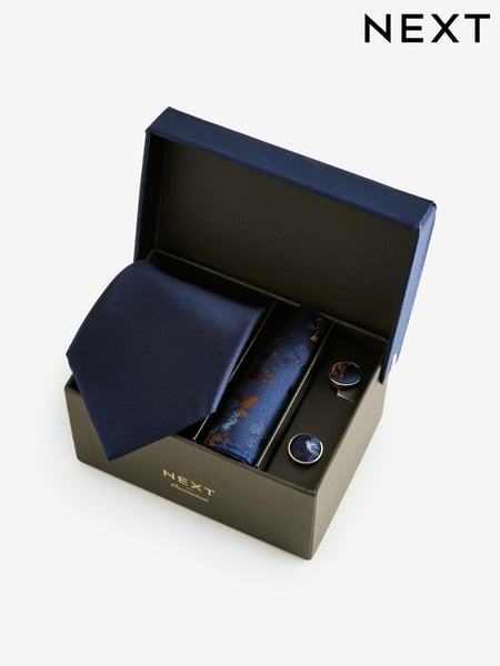Navy Blue Silk Tie, Pocket Square and Cufflinks Gift Box Set (B25543) | € 60