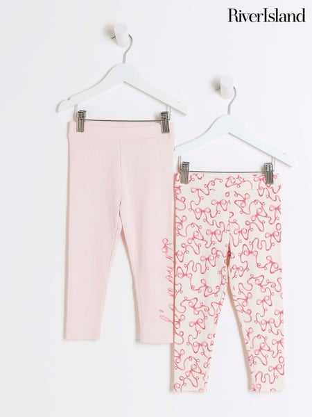 River Island Pink Girls Bow Multipack Rib 100% Cotton Leggings (B26140) | € 19