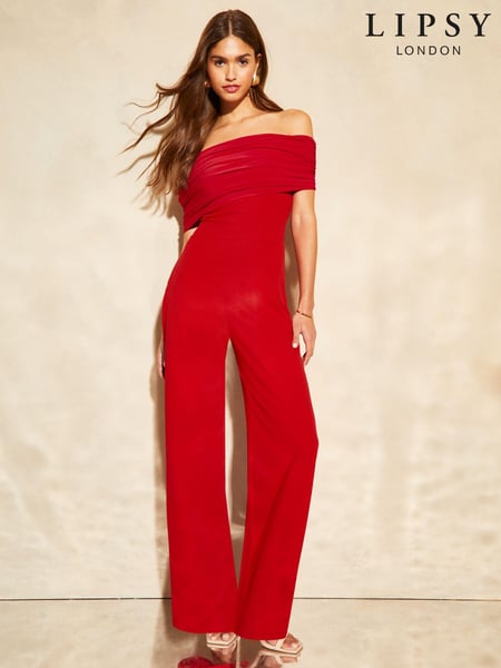 Lipsy Red Petite Bardot Wide Leg Jumpsuit (B26689) | € 34