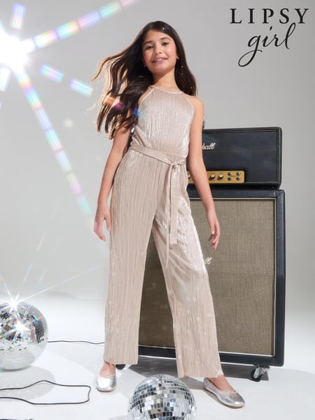 Lipsy Silver Halterneck Metallic Pleated Jumpsuit (5-16yrs) (B26737) | € 19 - € 24
