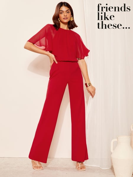 Friends Like These Red Chiffon Flutter Sleeve Wide Leg Jumpsuit (B26777) | € 43