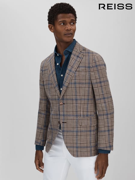 Oscar Jacobson Cotton Linen Single Breasted Check Blazer (B27180) | € 856