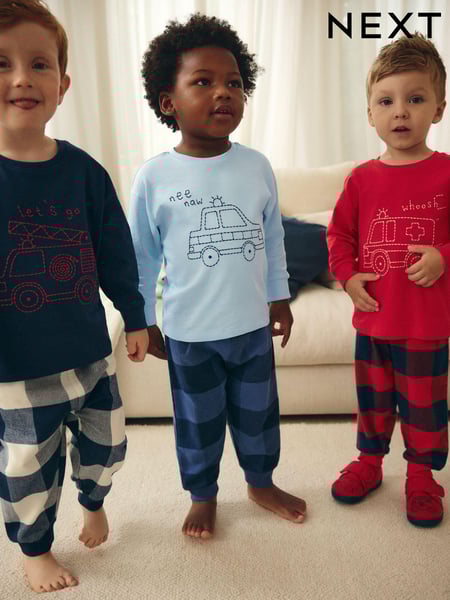 Red/Navy/Blue Vehicle Check Woven Bottom Pyjamas 3 Pack (9mths-8yrs) (B27290) | € 44 - € 52