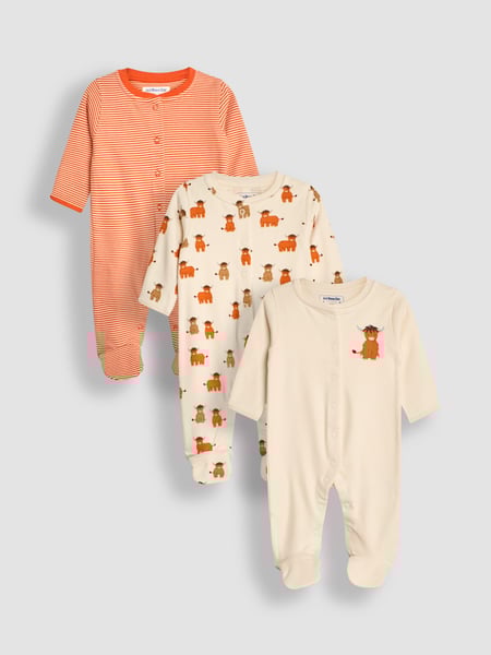 JoJo Maman Bébé Rust Cow Cotton Footed Animal Print Sleepsuits 3-Pack (B27784) | € 47