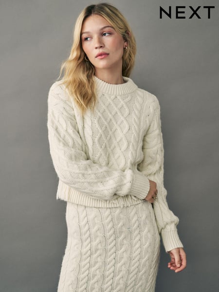 White Ecru Cable Knitted Fringe Crew Neck Jumper (B28190) | € 35