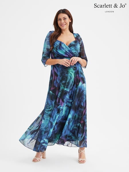 Scarlett & Jo Blue & Black Multi Rose Elizabeth Print Mesh Maxi Gown (B28465) | € 148
