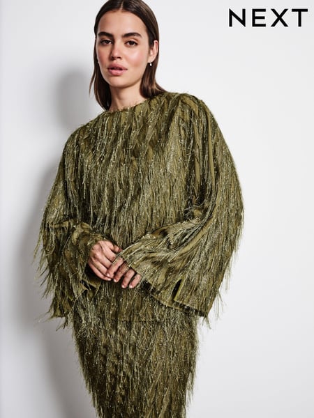 Green Sparkle Fringe Long Sleeve Tie Back Blouse (B28820) | € 42