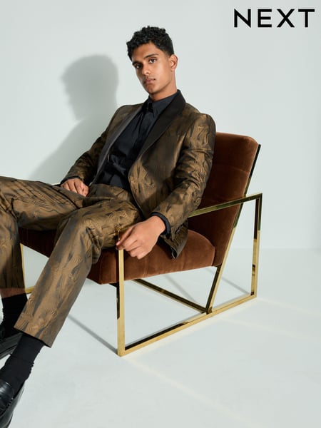 Black Slim Fit Gold Jacquard Tuxedo Suit Jacket (B29280) | € 62