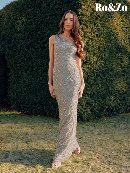 Ro&Zo Grey One Shoulder Beaded Dress (B29337) | € 404
