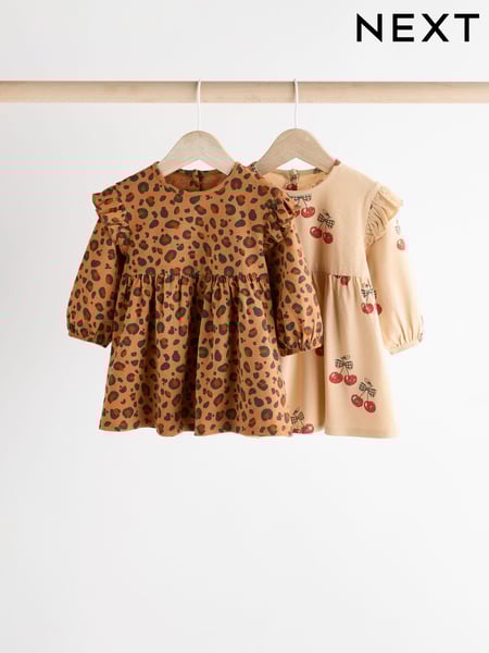 Tan Brown/ Cream Cherry & Animal Print Baby Jersey Dresses 2 Pack (0mths-2yrs) (B30755) | € 14 - € 16