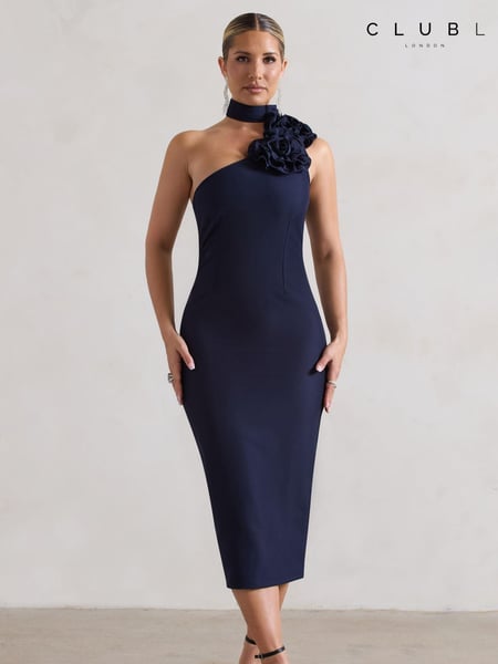 Club L London Navy Blue The Soiree Bodycon Midi Dress With Ruffled Choker (B30835) | € 66