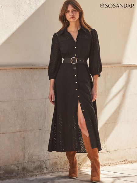 Sosandar Black 100% Cotton Broderie Detail Midi Shirt Dress (B33177) | € 93
