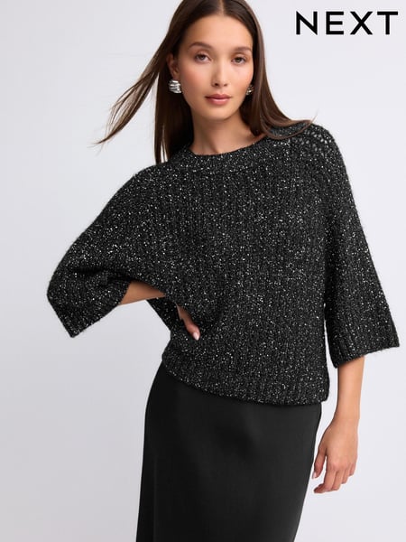 Black Sparkle Sequin Mesh Knitted Half Sleeve Jumper (B33796) | € 38
