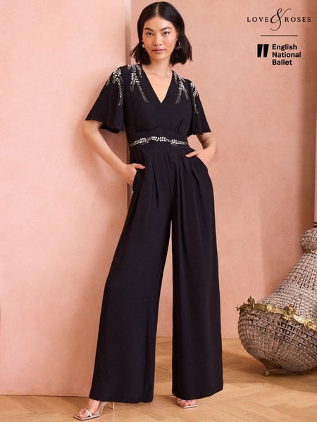 Love & Roses Black Embellished Angel Sleeve Wide Leg Jumpsuit (B34476) | € 122