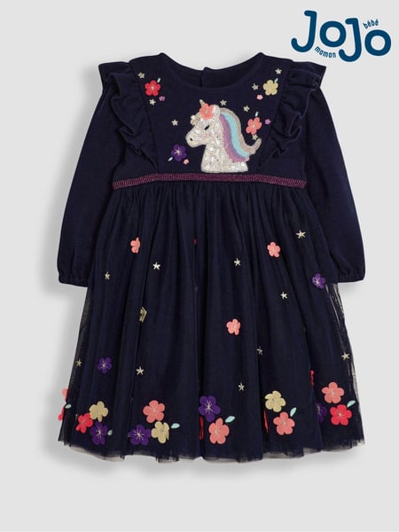 JoJo Maman Bébé Navy Blue Unicorn Appliqué Tulle Party Dress (B34579) | € 64 - € 70