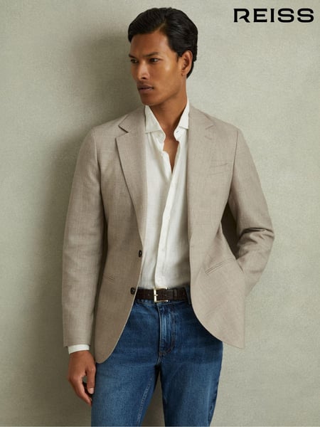 Reiss Oatmeal Elliot Checked Single Breasted Blazer in Wool-Linen (B34737) | € 465