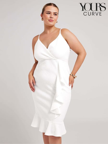 Yours Curve White LONDON Ruffle Jacquard Dress (B35142) | € 78