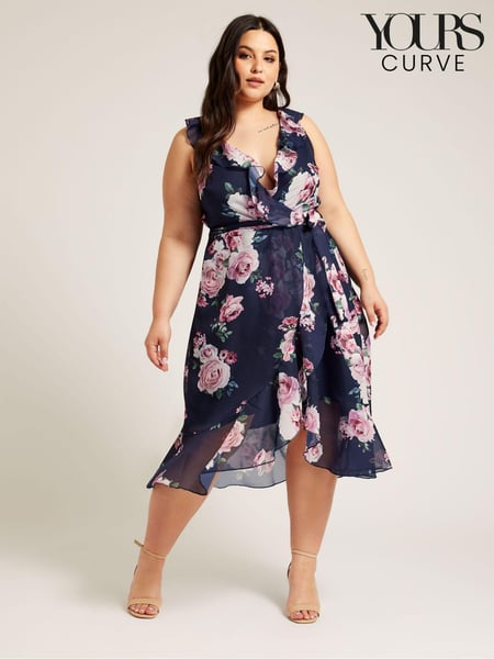 Yours Curve Blue Curve Floral Ruffle Wrap Dress (B35263) | € 94