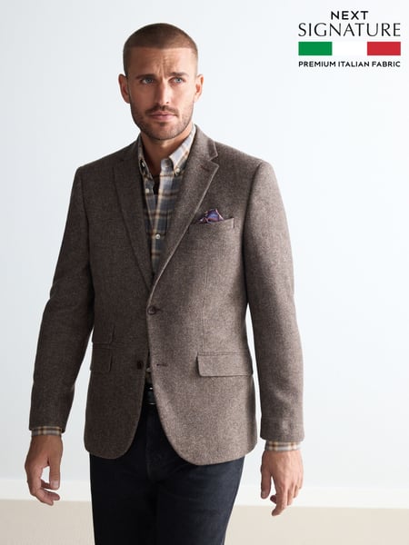 Taupe Brown Regular Fit Nova Fides Signature Herringbone Wool Blazer (B35373) | € 201