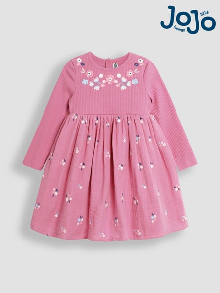 JoJo Maman Bébé Rose Pink Floral Embroidered Rib Cheesecloth Dress (B35585) | € 41