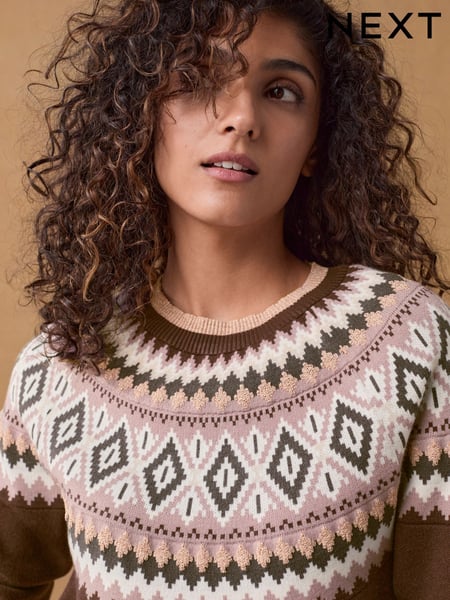 Berry Red Fairisle Pattern Compact Cosy Crew Neck Jumper With Side Split Detail (B36380) | € 25