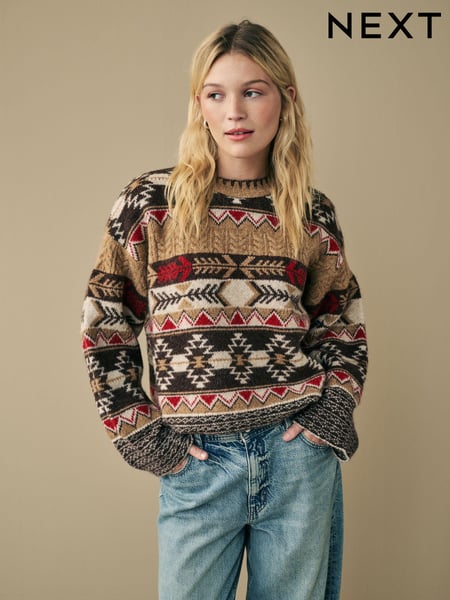 Neutral Aztec Pattern Relaxed Fit Soft Touch Knitted Jumper (B38589) | € 35