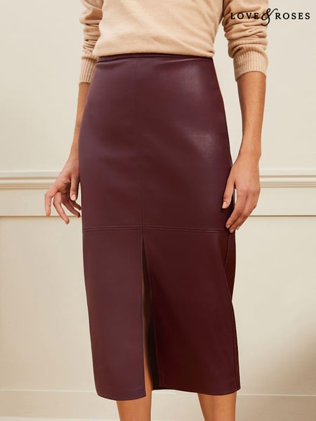 Love & Roses Burgundy Faux Leather Midi Pencil Skirt (B38694) | € 48