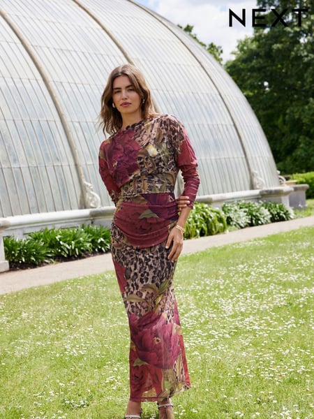 Red Floral Leopard Print Kew Collection Mesh Batwing Sleeve Maxi Dress (B39311) | € 16