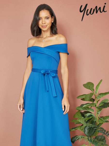 Yumi Blue Bardot Stretch Midi Skater Dress (B39348) | € 43
