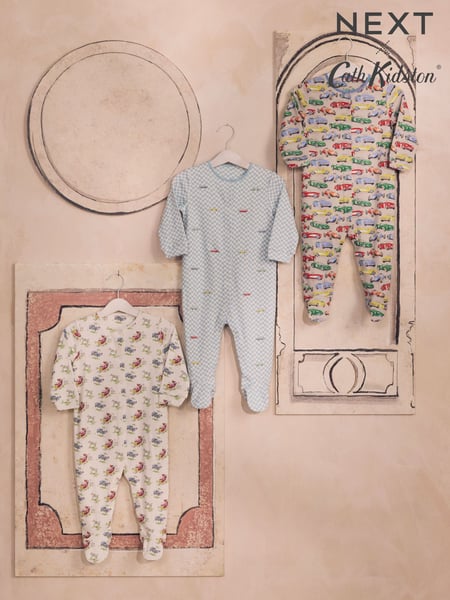 Blue/Green Cath Kidston Cars Baby 100% Cotton Sleepsuits 3 Pack (B39664) | € 37 - € 40