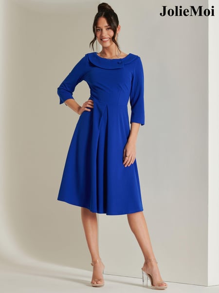 Jolie Moi Blue 3/4 Sleeve Fold Neck Midi Dress (B40140) | € 85
