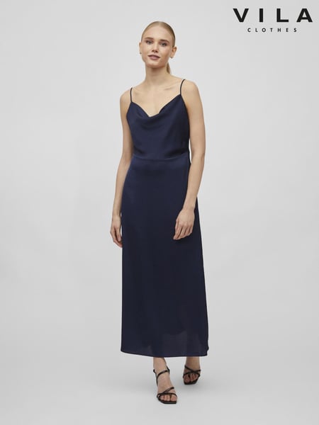 VILA Blue Cami Satin Slip Occasion Dress (B40602) | € 62
