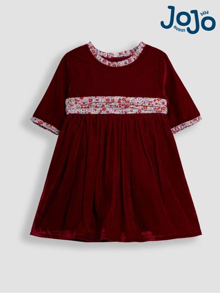 JoJo Maman Bébé Red Floral Peter Pan Collar Velvet Party Dress (B41000) | € 67 - € 77