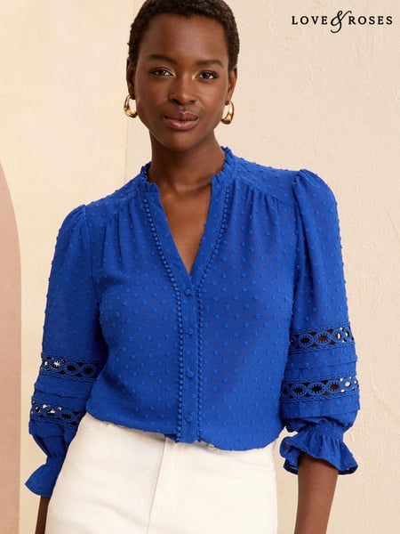 Love & Roses Blue 3/4 Sleeve V Neck Dobby Blouse (B41076) | € 27